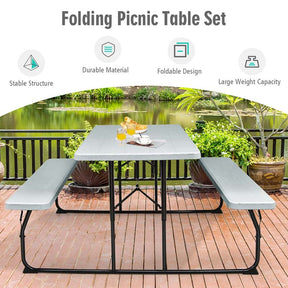 Folding Picnic Table Bench Set with Wood-Like Texture, 4-Person Heavy-Duty Portable Camping Dining Table for Outdoor Patio Backyard BBQ Party