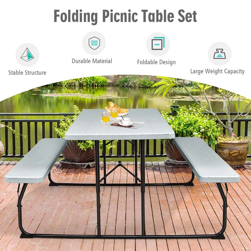 Folding Picnic Table Bench Set with Wood-Like Texture, 4-Person Heavy-Duty Portable Camping Dining Table for Outdoor Patio Backyard BBQ Party