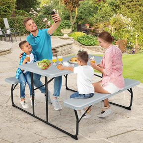 Folding Picnic Table Bench Set with Wood-Like Texture, 4-Person Heavy-Duty Portable Camping Dining Table for Outdoor Patio Backyard BBQ Party