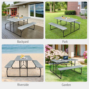 Folding Picnic Table Bench Set with Wood-Like Texture, 4-Person Heavy-Duty Portable Camping Dining Table for Outdoor Patio Backyard BBQ Party