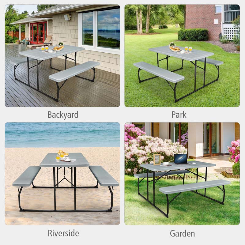 Folding Picnic Table Bench Set with Wood-Like Texture, 4-Person Heavy-Duty Portable Camping Dining Table for Outdoor Patio Backyard BBQ Party