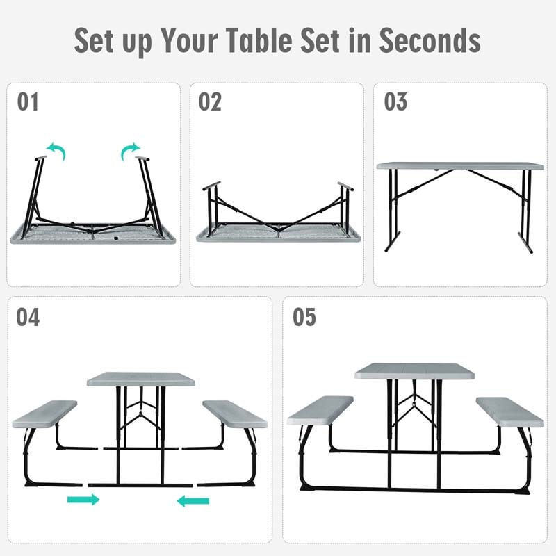 Folding Picnic Table Bench Set with Wood-Like Texture, 4-Person Heavy-Duty Portable Camping Dining Table for Outdoor Patio Backyard BBQ Party
