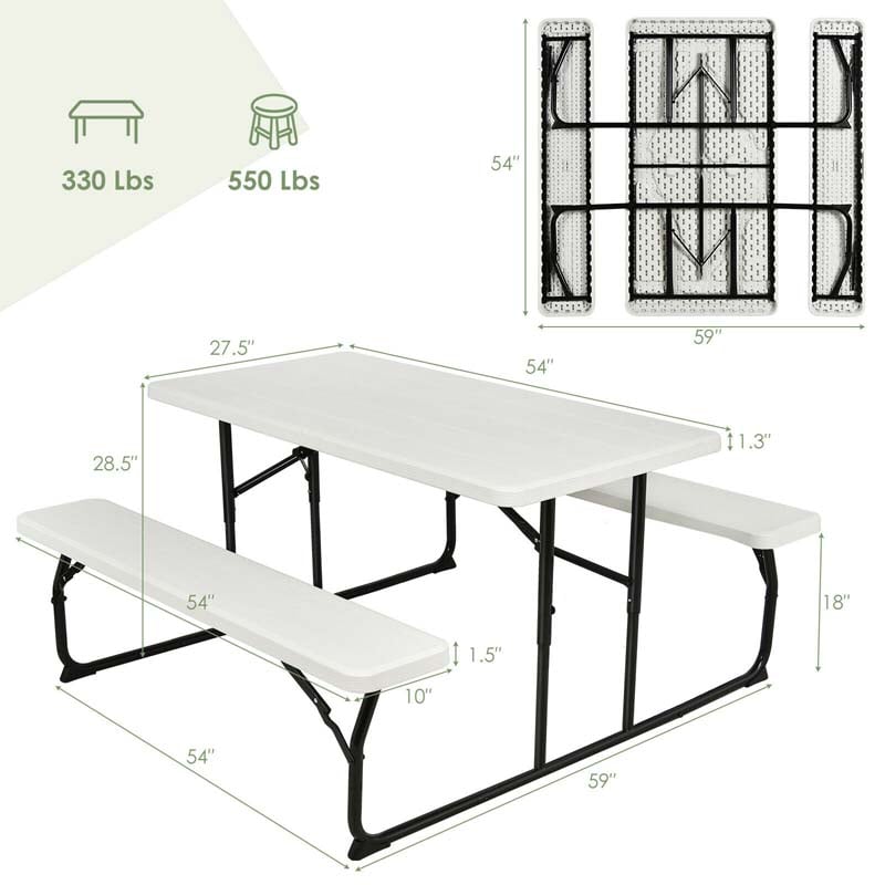 Folding Picnic Table Bench Set with Wood-Like Texture, 4-Person Heavy-Duty Portable Camping Dining Table for Outdoor Patio Backyard BBQ Party