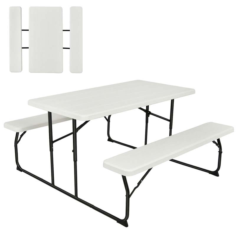 Folding Picnic Table Bench Set with Wood-Like Texture, 4-Person Heavy-Duty Portable Camping Dining Table for Outdoor Patio Backyard BBQ Party