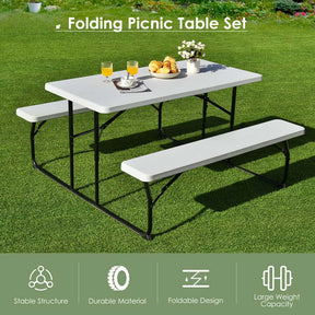 Folding Picnic Table Bench Set with Wood-Like Texture, 4-Person Heavy-Duty Portable Camping Dining Table for Outdoor Patio Backyard BBQ Party