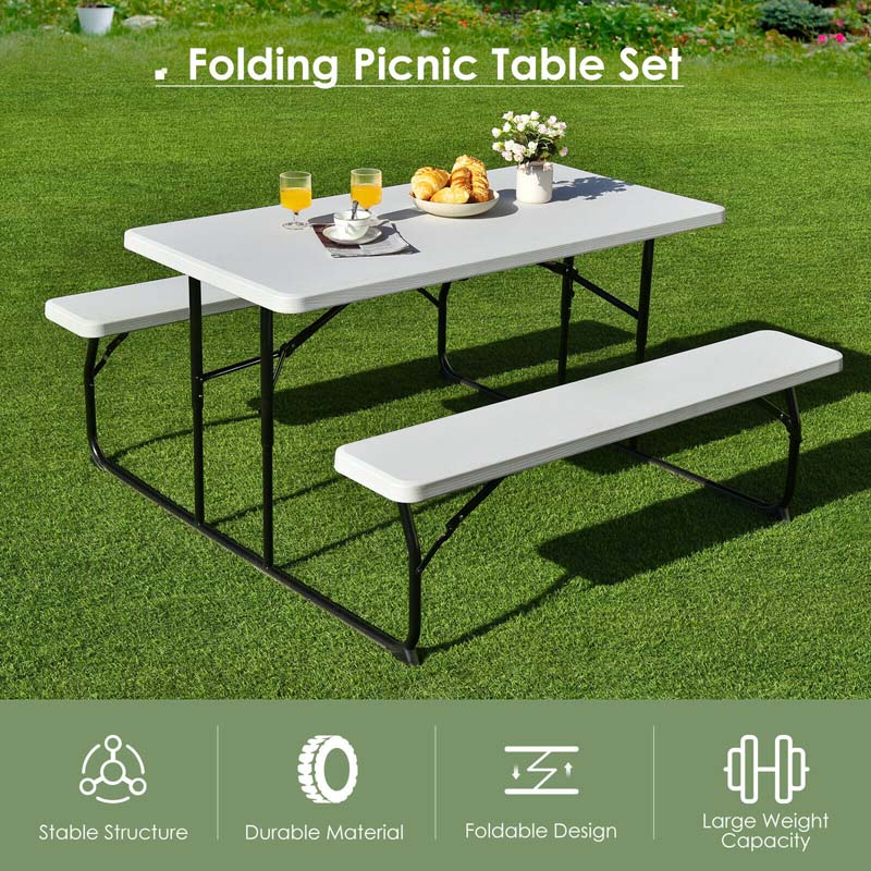 Folding Picnic Table Bench Set with Wood-Like Texture, 4-Person Heavy-Duty Portable Camping Dining Table for Outdoor Patio Backyard BBQ Party