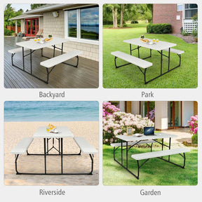 Folding Picnic Table Bench Set with Wood-Like Texture, 4-Person Heavy-Duty Portable Camping Dining Table for Outdoor Patio Backyard BBQ Party