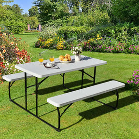 Folding Picnic Table Bench Set with Wood-Like Texture, 4-Person Heavy-Duty Portable Camping Dining Table for Outdoor Patio Backyard BBQ Party