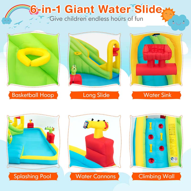 7-in-1 Inflatable Water Slide Park, Kids Blow Up Bounce House with Slide, Splash Pool, Climbing Wall & Water Cannons for Backyard
