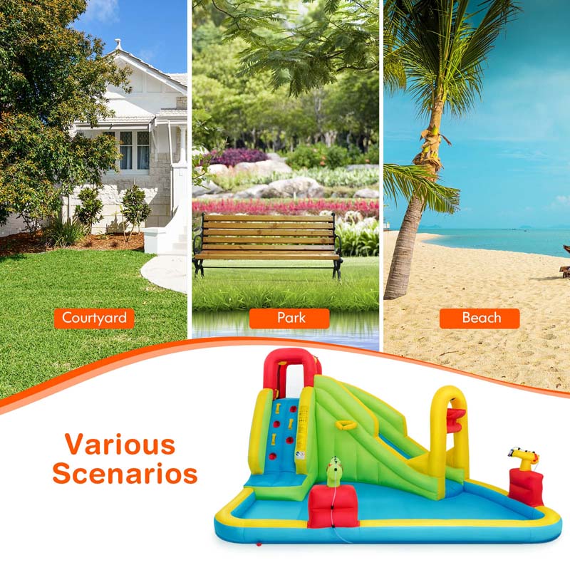 7-in-1 Inflatable Water Slide Park, Kids Blow Up Bounce House with Slide, Splash Pool, Climbing Wall & Water Cannons for Backyard