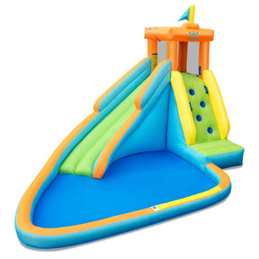 Inflatable Water Slide, Giant Blow Up Bounce House Splash Water Park with Long Slide, Climbing Wall & 740W Air Blower for Kids Backyard Fun