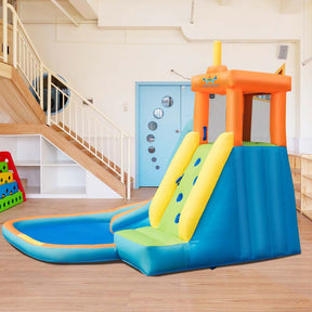 Inflatable Water Slide, Giant Blow Up Bounce House Splash Water Park with Long Slide, Climbing Wall & 740W Air Blower for Kids Backyard Fun