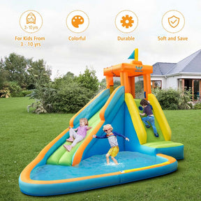 Inflatable Water Slide, Giant Blow Up Bounce House Splash Water Park with Long Slide, Climbing Wall & 740W Air Blower for Kids Backyard Fun