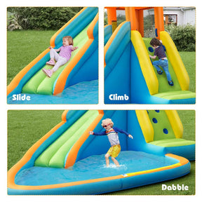 Inflatable Water Slide, Giant Blow Up Bounce House Splash Water Park with Long Slide, Climbing Wall & 740W Air Blower for Kids Backyard Fun