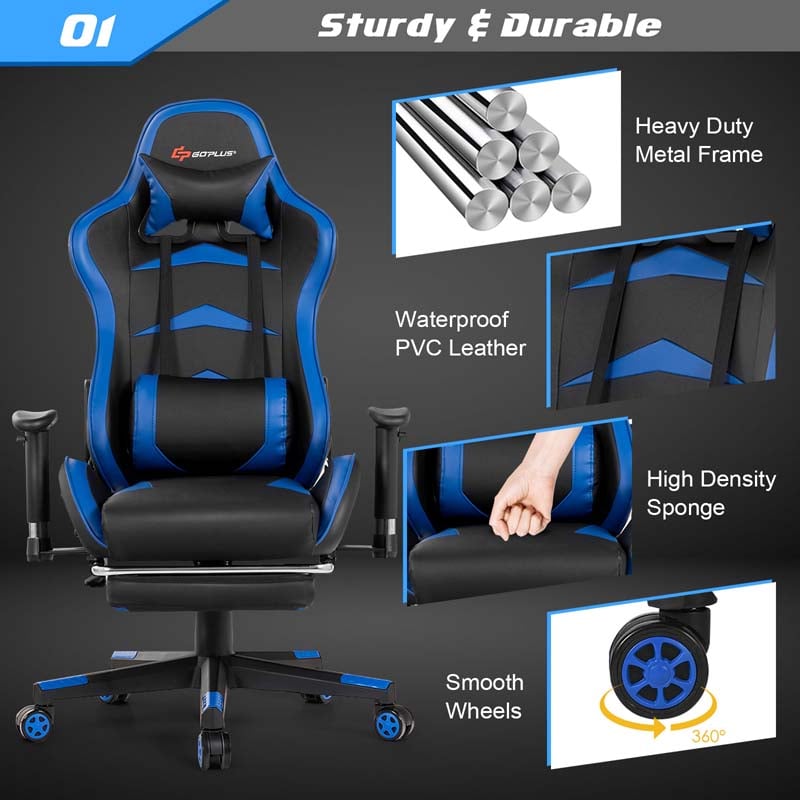 Ergonomic Massage Gaming Chair with Footrest & Adjustable Height, Reclining High Back PU Leather Swivel Racing Computer Office Chair