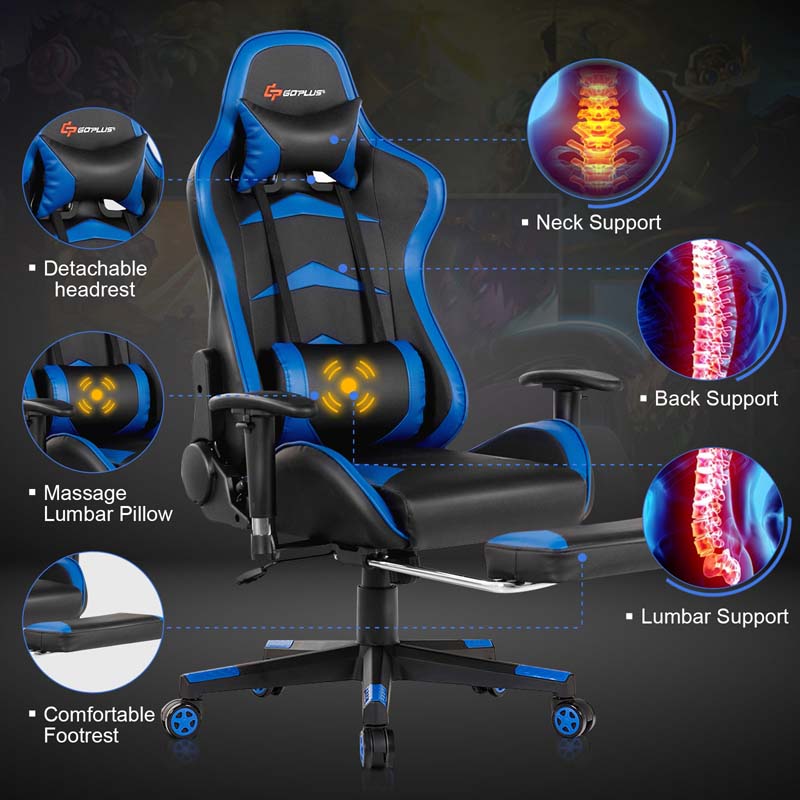 Ergonomic Massage Gaming Chair with Footrest & Adjustable Height, Reclining High Back PU Leather Swivel Racing Computer Office Chair