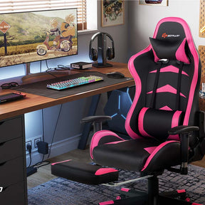 Ergonomic Massage Gaming Chair with Footrest & Adjustable Height, Reclining High Back PU Leather Swivel Racing Computer Office Chair