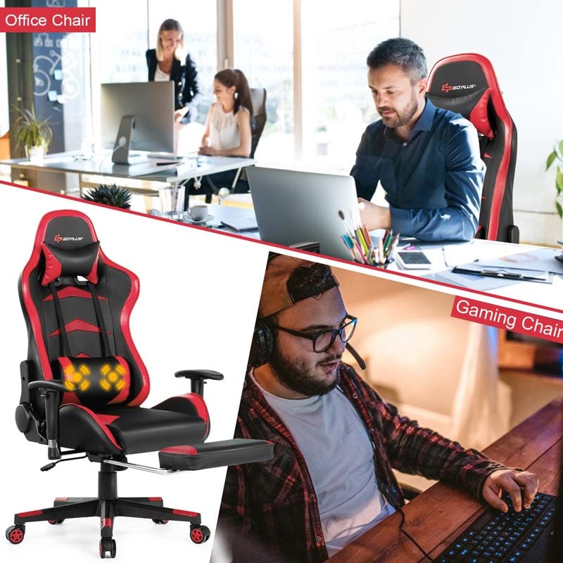 Ergonomic Massage Gaming Chair with Footrest & Adjustable Height, Reclining High Back PU Leather Swivel Racing Computer Office Chair