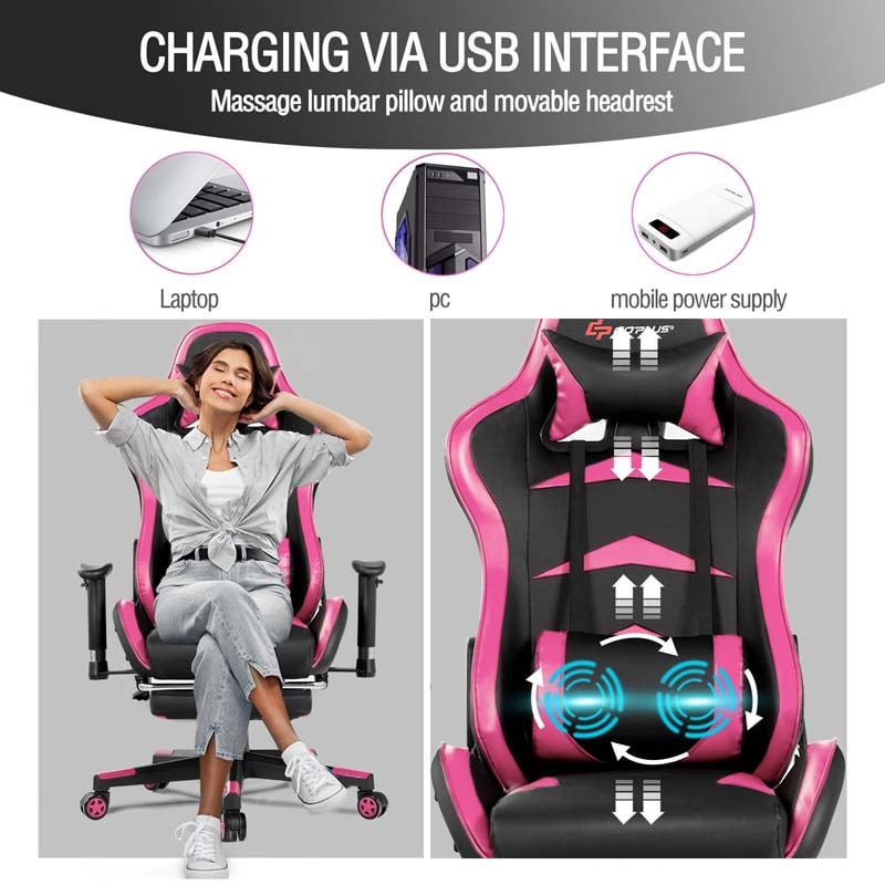 Ergonomic Massage Gaming Chair with Footrest & Adjustable Height, Reclining High Back PU Leather Swivel Racing Computer Office Chair