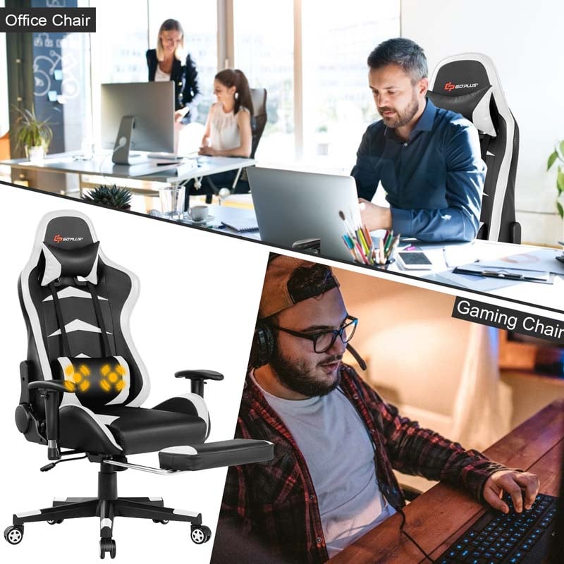 Ergonomic Massage Gaming Chair with Footrest & Adjustable Height, Reclining High Back PU Leather Swivel Racing Computer Office Chair