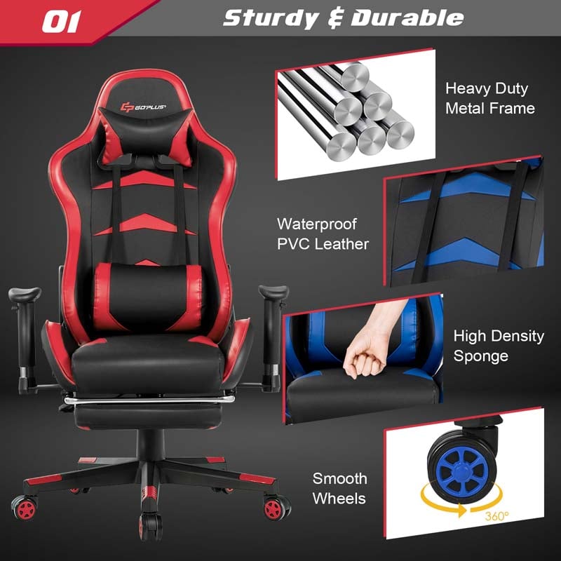 Ergonomic Massage Gaming Chair with Footrest & Adjustable Height, Reclining High Back PU Leather Swivel Racing Computer Office Chair