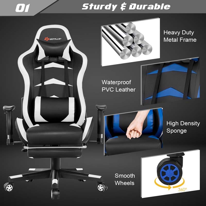 Ergonomic Massage Gaming Chair with Footrest & Adjustable Height, Reclining High Back PU Leather Swivel Racing Computer Office Chair