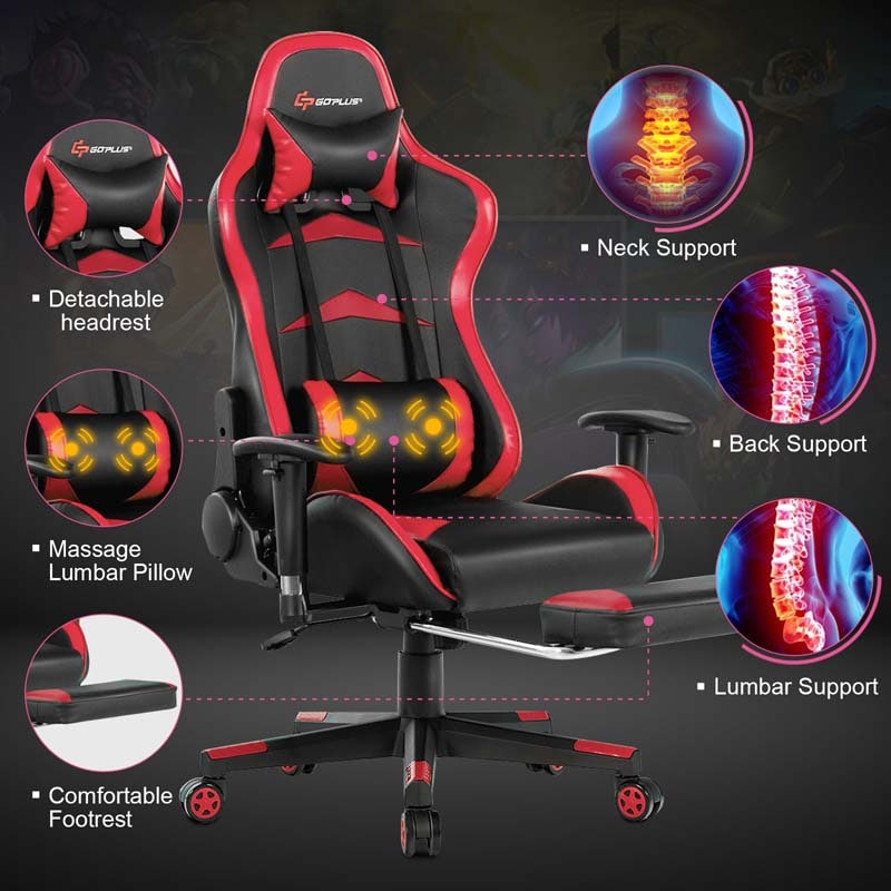 Ergonomic Massage Gaming Chair with Footrest & Adjustable Height, Reclining High Back PU Leather Swivel Racing Computer Office Chair