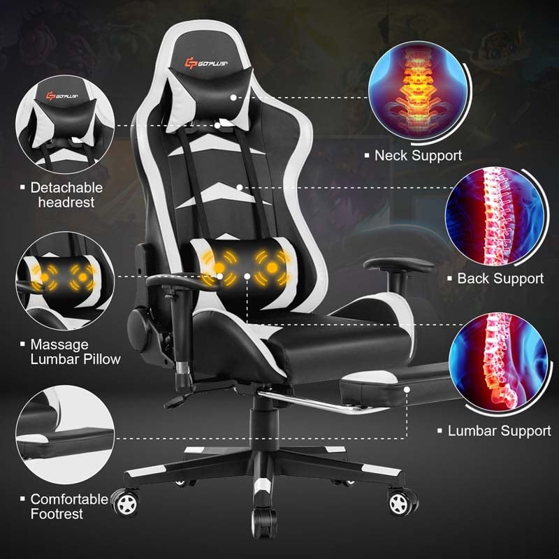 Ergonomic Massage Gaming Chair with Footrest & Adjustable Height, Reclining High Back PU Leather Swivel Racing Computer Office Chair