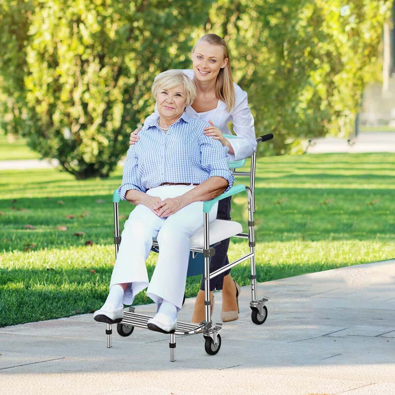 4 in 1 Bedside Commode Chair Transport Shower Wheelchair Toilet Chair with Folding Pedal