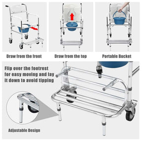 4 in 1 Bedside Commode Chair Transport Shower Wheelchair Toilet Chair with Folding Pedal