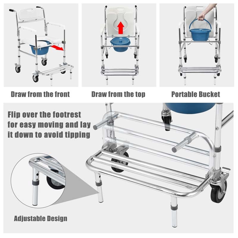 4 in 1 Bedside Commode Chair Transport Shower Wheelchair Toilet Chair with Folding Pedal