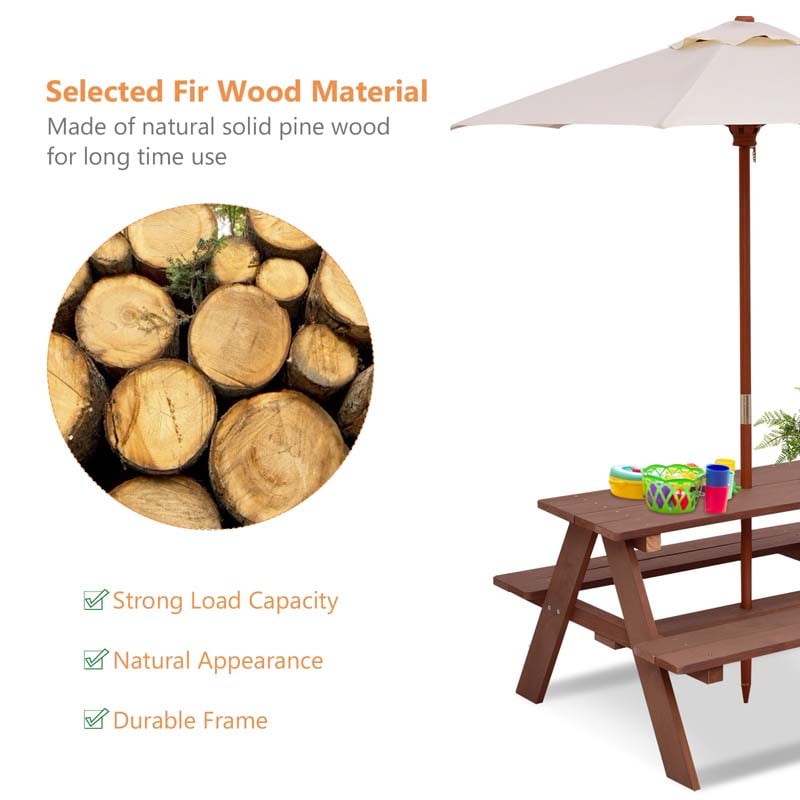4-Seat Kids Picnic Table Bench Set with Removable Umbrella, Outdoor Wooden Children Activity Table & Chairs Set for Backyard Patio Garden