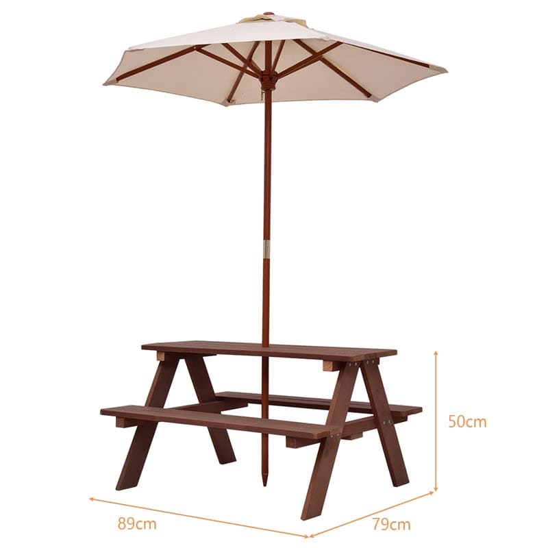 4-Seat Kids Picnic Table Bench Set with Removable Umbrella, Outdoor Wooden Children Activity Table & Chairs Set for Backyard Patio Garden