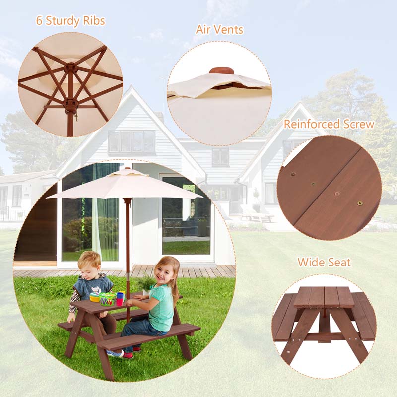 4-Seat Kids Picnic Table Bench Set with Removable Umbrella, Outdoor Wooden Children Activity Table & Chairs Set for Backyard Patio Garden