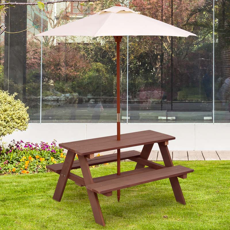 4-Seat Kids Picnic Table Bench Set with Removable Umbrella, Outdoor Wooden Children Activity Table & Chairs Set for Backyard Patio Garden