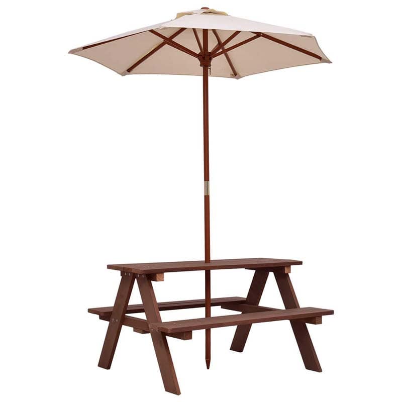 4-Seat Kids Picnic Table Bench Set with Removable Umbrella, Outdoor Wooden Children Activity Table & Chairs Set for Backyard Patio Garden