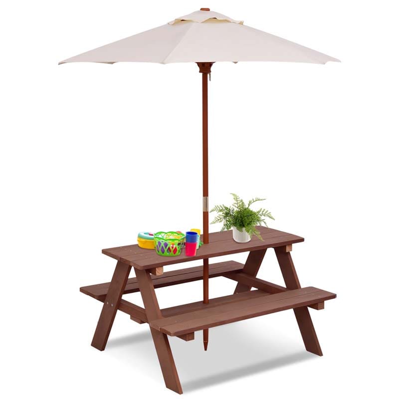 4-Seat Kids Picnic Table Bench Set with Removable Umbrella, Outdoor Wooden Children Activity Table & Chairs Set for Backyard Patio Garden