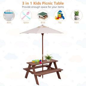 4-Seat Kids Picnic Table Bench Set with Removable Umbrella, Outdoor Wooden Children Activity Table & Chairs Set for Backyard Patio Garden