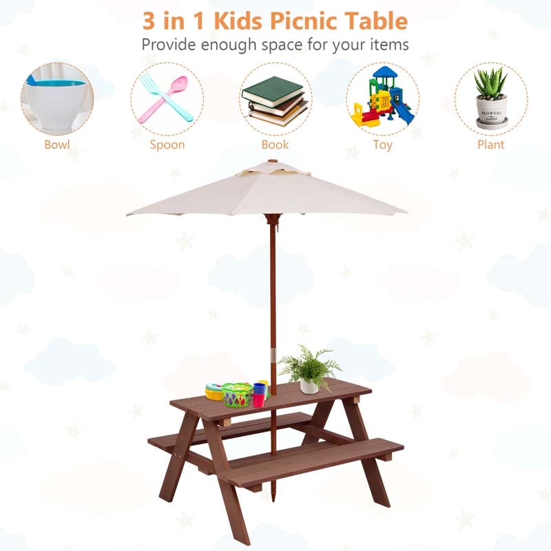 4-Seat Kids Picnic Table Bench Set with Removable Umbrella, Outdoor Wooden Children Activity Table & Chairs Set for Backyard Patio Garden