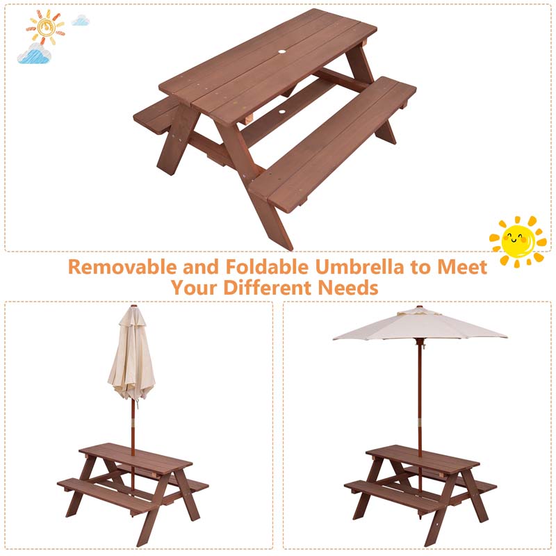 4-Seat Kids Picnic Table Bench Set with Removable Umbrella, Outdoor Wooden Children Activity Table & Chairs Set for Backyard Patio Garden