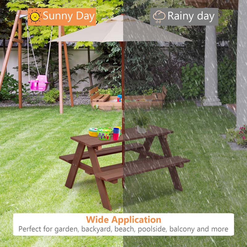 4-Seat Kids Picnic Table Bench Set with Removable Umbrella, Outdoor Wooden Children Activity Table & Chairs Set for Backyard Patio Garden