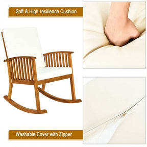 Acacia Wood Outdoor Rocking Chair, Wooden Porch Rocker with Detachable Washable Cushions for Patio Backyard Poolside & Indoor Use