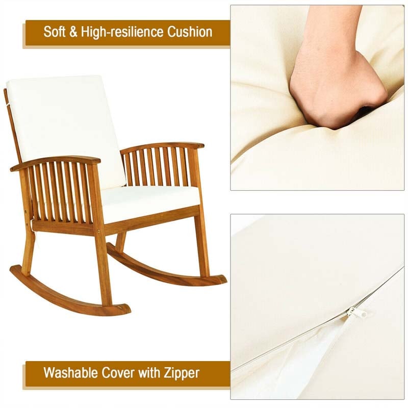 Acacia Wood Outdoor Rocking Chair, Wooden Porch Rocker with Detachable Washable Cushions for Patio Backyard Poolside & Indoor Use