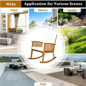 Acacia Wood Outdoor Rocking Chair, Wooden Porch Rocker with Detachable Washable Cushions for Patio Backyard Poolside & Indoor Use