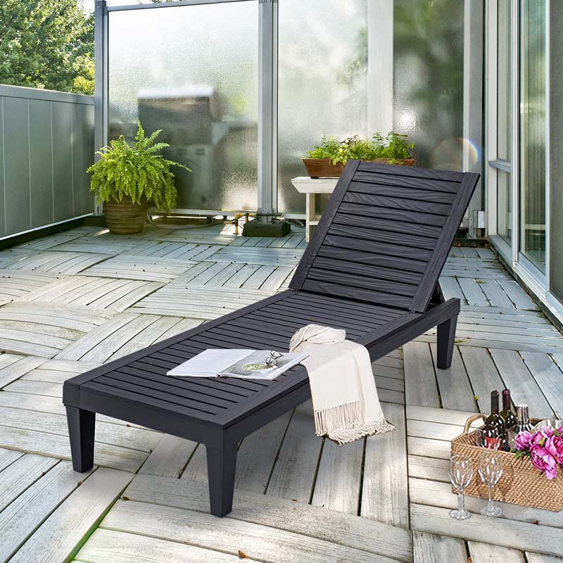 Outdoor Chaise Lounge Chair, 5-Position Adjustable Recliner with Weather-Resistant Wood Texture, Waterproof Sun Lounger for Poolside, Backyard
