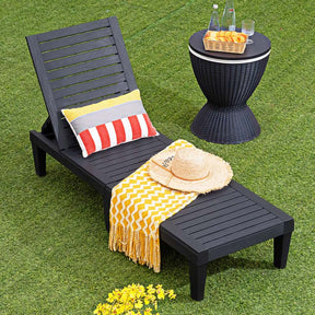 Outdoor Chaise Lounge Chair, 5-Position Adjustable Recliner with Weather-Resistant Wood Texture, Waterproof Sun Lounger for Poolside, Backyard
