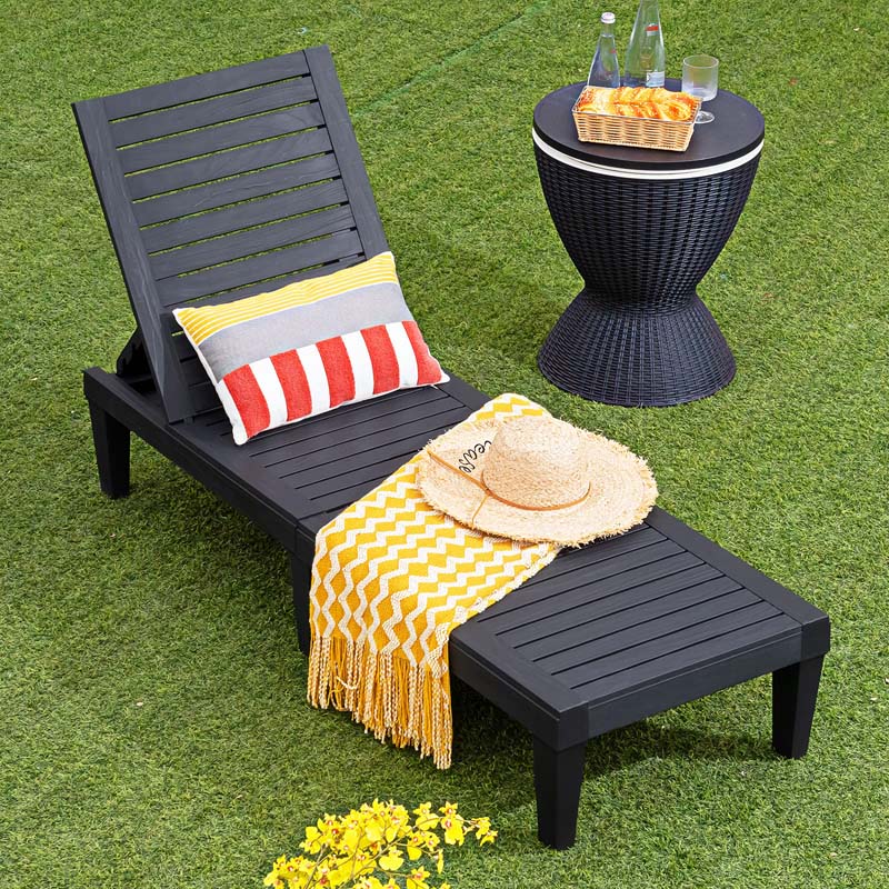 Outdoor Chaise Lounge Chair, 5-Position Adjustable Recliner with Weather-Resistant Wood Texture, Waterproof Sun Lounger for Poolside, Backyard