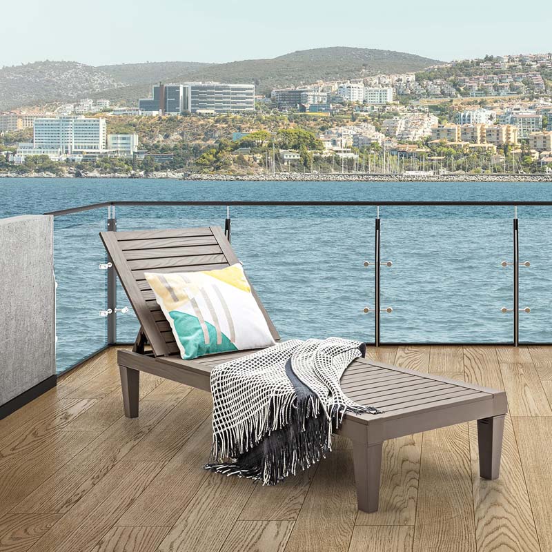 Outdoor Chaise Lounge Chair, 5-Position Adjustable Recliner with Weather-Resistant Wood Texture, Waterproof Sun Lounger for Poolside, Backyard