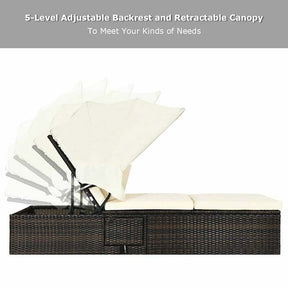 Cushioned Rattan Outdoor Chaise Lounge Chair Sun Lounger 5-Position with Folding Canopy & Flip-up Tea Table