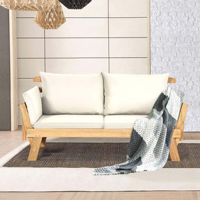 Acacia Wood Patio Daybed Convertible Couch Sofa Bed, Outdoor Folding Chaise Lounge Bench with Adjustable Armrest